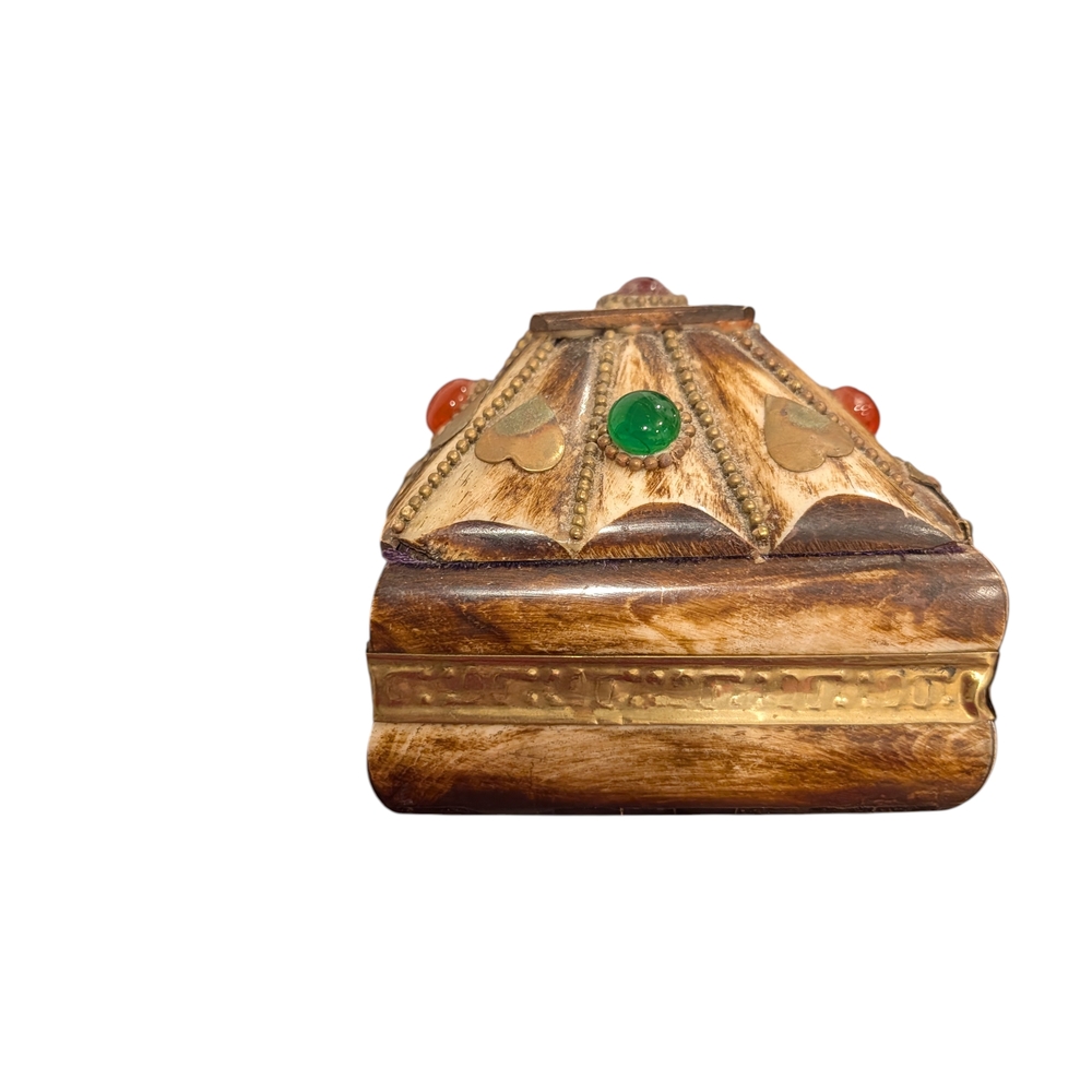 Vintage Trinket Box with Possible Camel Bone Inlay, Brass Fittings Purple Lining - Picture 8 of 13